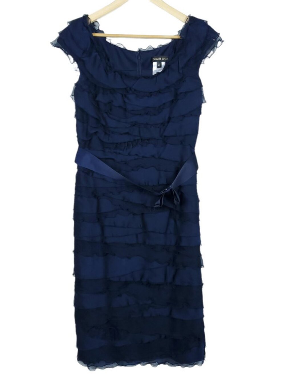 Tadashi Shoji Navy Layered Ruffle Mini Dress Cap Sleeve Satin Tie Sz 10